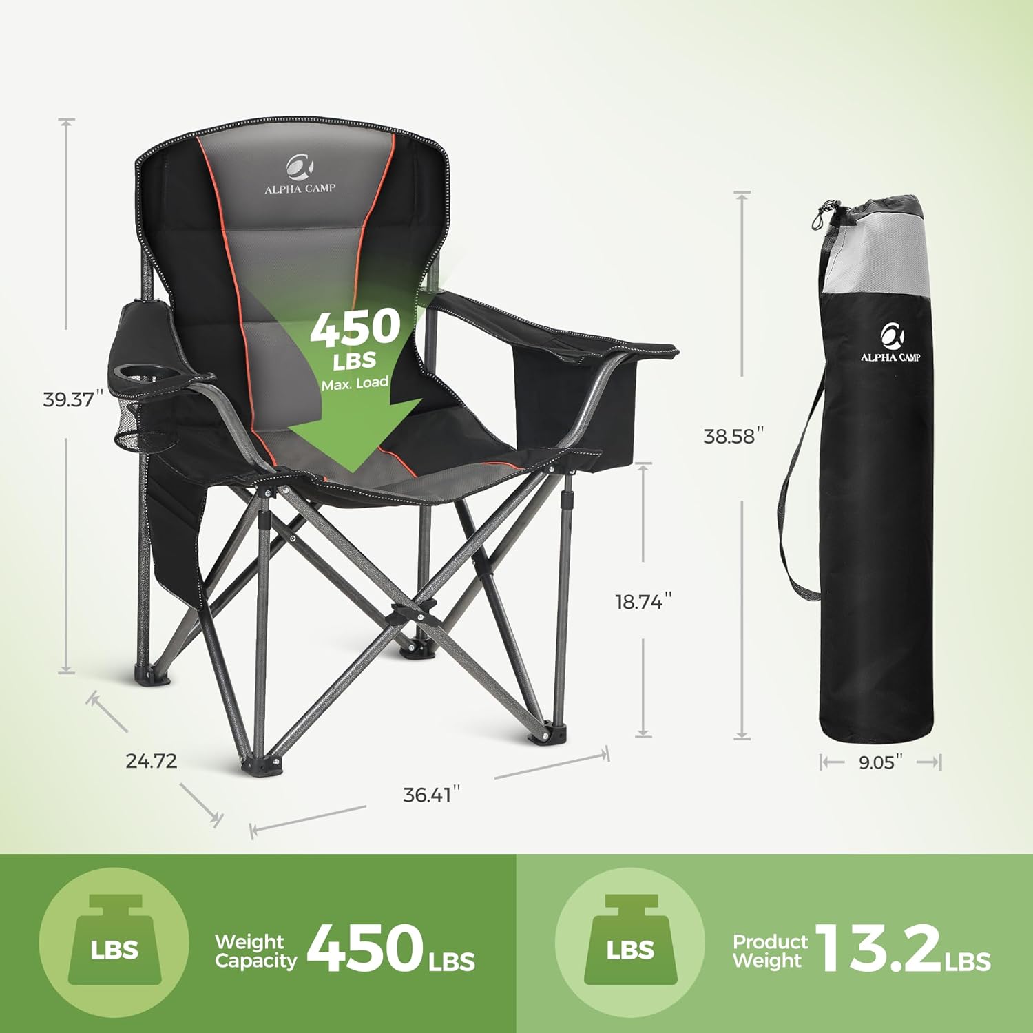Folding Camping Chair Oversized Heavy Duty Padded Outdoor Chair with Cup Holder Storage and Cooler Bag, 450 LBS Weight Capacity, Thicken 600D Oxford,2 Pack
