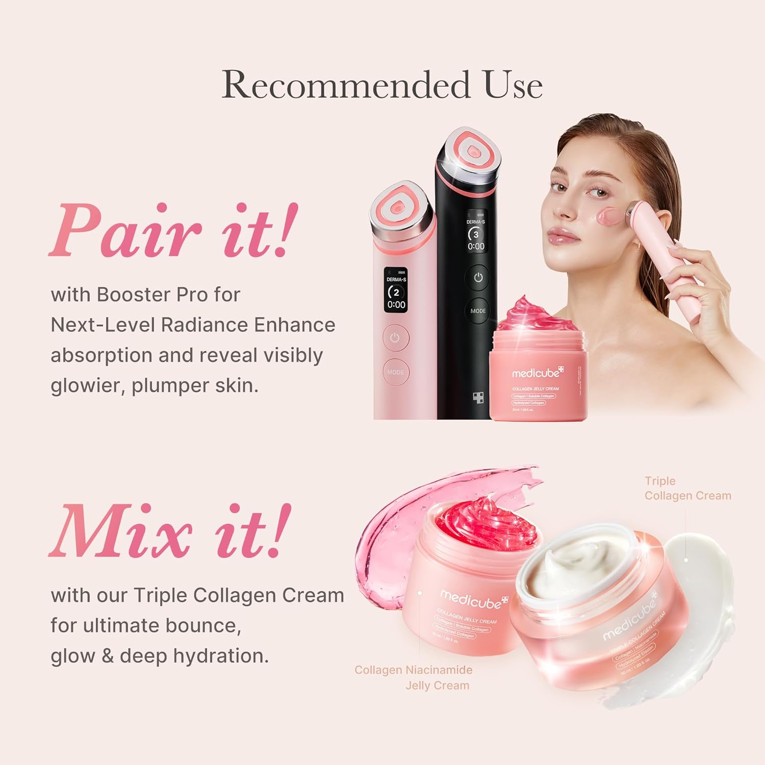 Pink Skincare Set for Glass Glow Skin: Age-R Booster Pro Pink | 6-In-1 Real Glass Glow Beauty Massager and Collagen Jelly Cream- Niacinamide & Freeze-Dried Hydrolyzed Collagen 110Ml