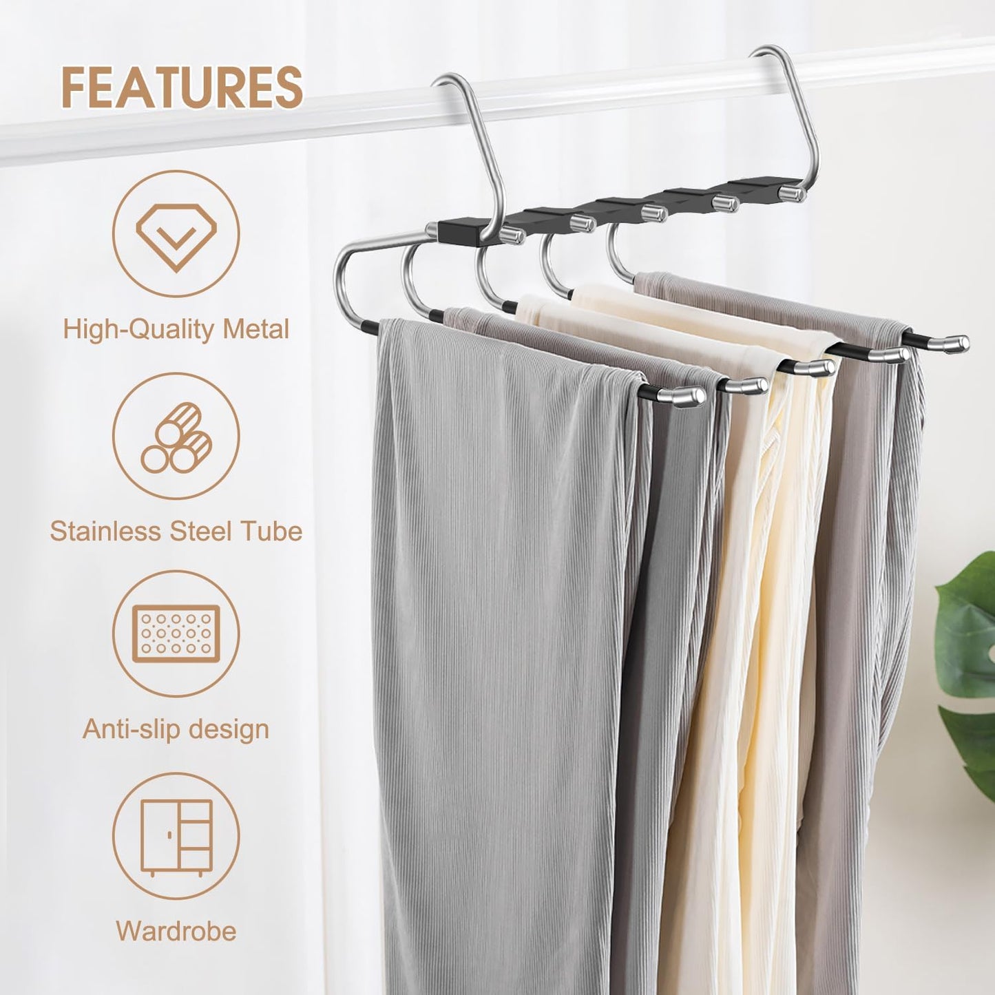 2 Pack Pants Hangers Space Saving, Anti-Slip Multi-Functional Pants Rack, Thickened Stainless Steel Tube, Two Hanging Modes Suitable for Jeans Trousers Skirts Scarf-Black