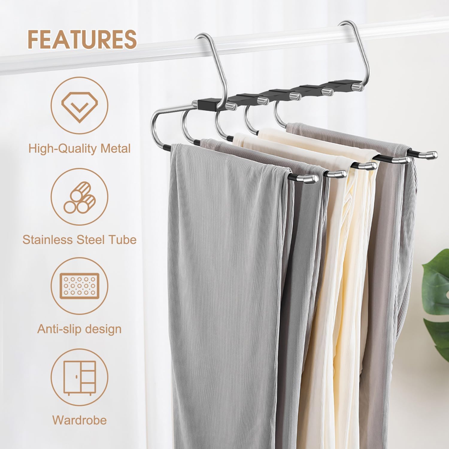 2 Pack Pants Hangers Space Saving, Anti-Slip Multi-Functional Pants Rack, Thickened Stainless Steel Tube, Two Hanging Modes Suitable for Jeans Trousers Skirts Scarf-Black