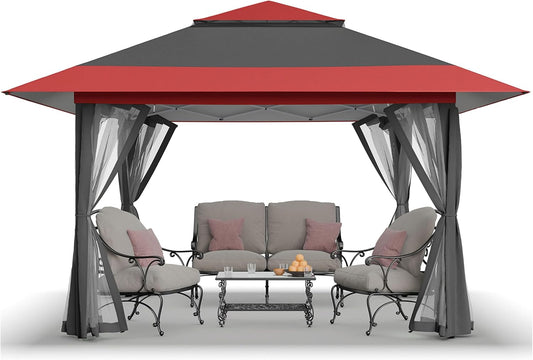 13X13 Pop up Gazebo, Canopy Tent, Gazebos on Clearance - Outdoor Gazebo for Backyard & Patio Furniture - Carpa Pop up Tent with Wheeled Sto-N-Go Cover Bag (Red & Grey)