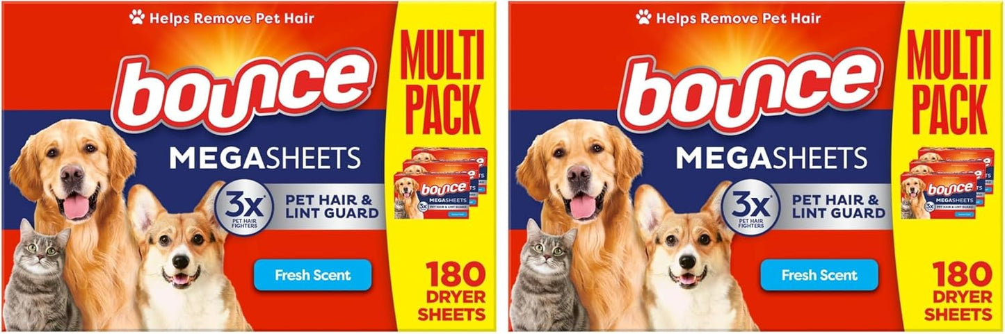 Pet Hair and Lint Guard Fabric Softener Dryer Sheets | Fresh Scent | 3X Pet Hair Fighters | Mega Sheets | 180 Count, Pack of 3