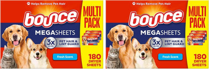 Pet Hair and Lint Guard Fabric Softener Dryer Sheets | Fresh Scent | 3X Pet Hair Fighters | Mega Sheets | 180 Count, Pack of 3