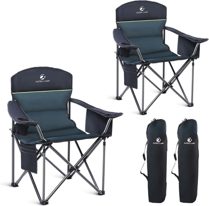 Folding Camping Chair Oversized Heavy Duty Padded Outdoor Chair with Cup Holder Storage and Cooler Bag, 450 LBS Weight Capacity, Thicken 600D Oxford,2 Pack