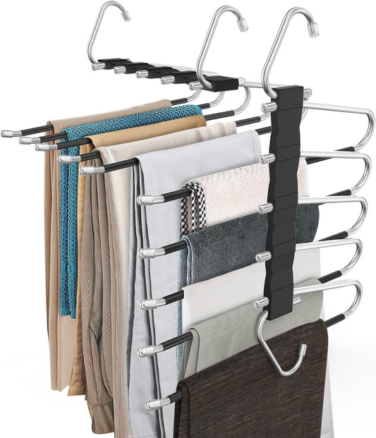 2 Pack Pants Hangers Space Saving, Anti-Slip Multi-Functional Pants Rack, Thickened Stainless Steel Tube, Two Hanging Modes Suitable for Jeans Trousers Skirts Scarf-Black