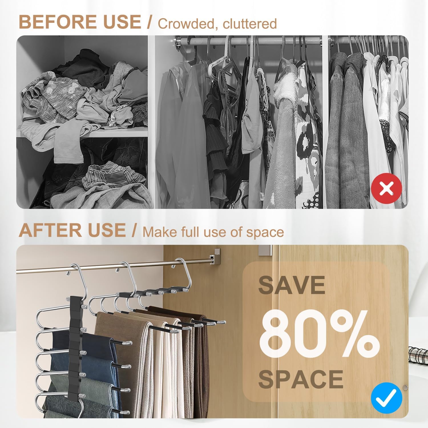 2 Pack Pants Hangers Space Saving, Anti-Slip Multi-Functional Pants Rack, Thickened Stainless Steel Tube, Two Hanging Modes Suitable for Jeans Trousers Skirts Scarf-Black