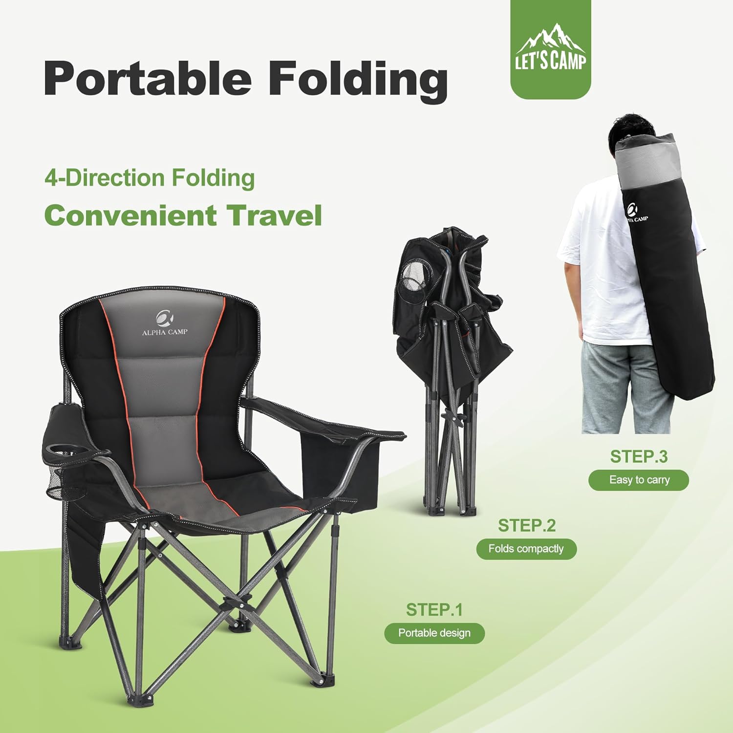 Folding Camping Chair Oversized Heavy Duty Padded Outdoor Chair with Cup Holder Storage and Cooler Bag, 450 LBS Weight Capacity, Thicken 600D Oxford,2 Pack