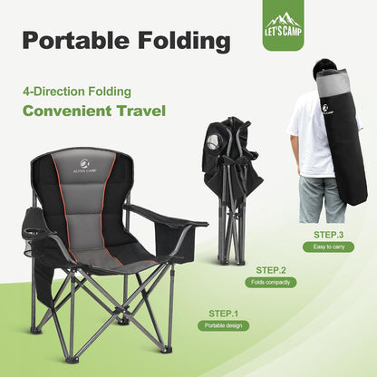 Folding Camping Chair Oversized Heavy Duty Padded Outdoor Chair with Cup Holder Storage and Cooler Bag, 450 LBS Weight Capacity, Thicken 600D Oxford,2 Pack