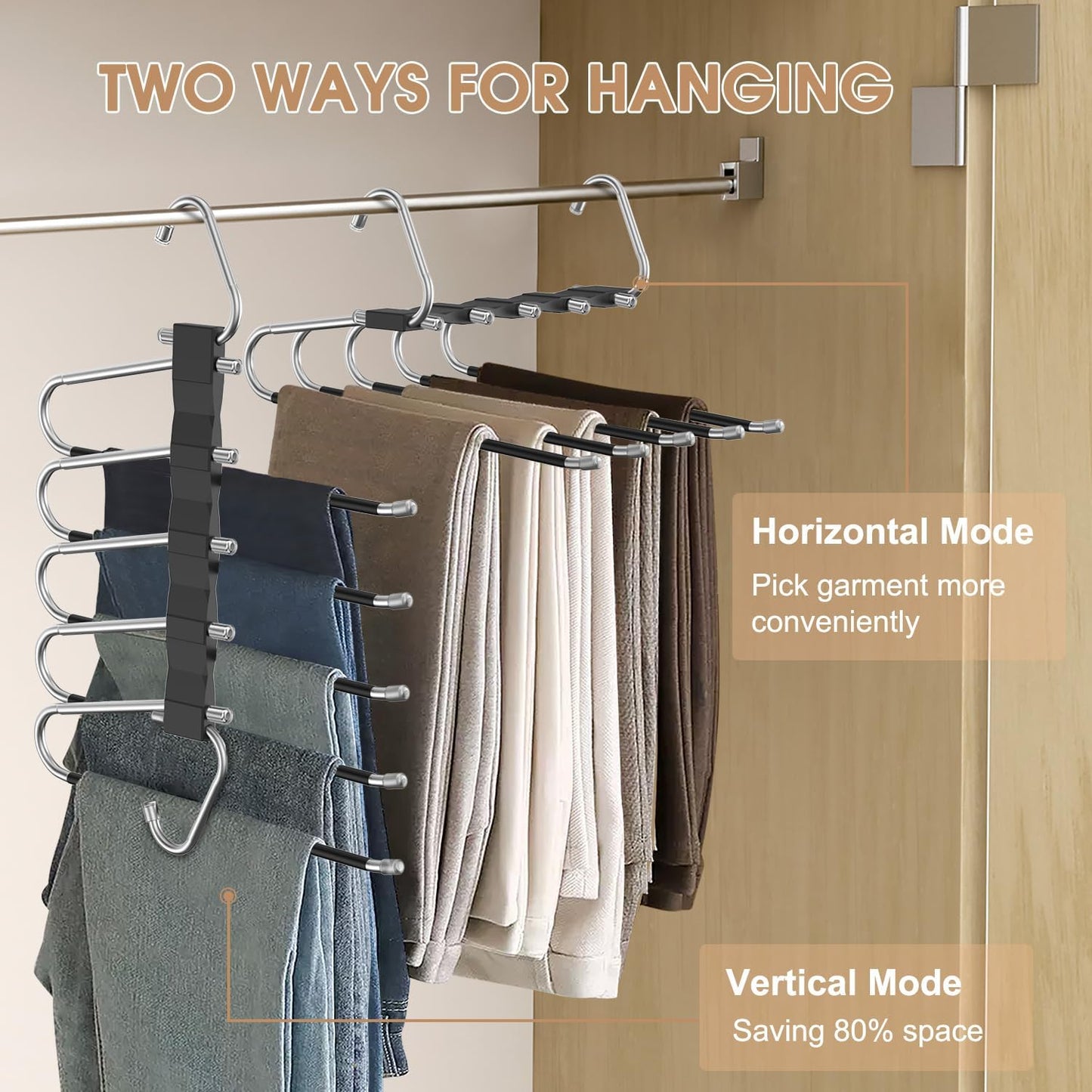 2 Pack Pants Hangers Space Saving, Anti-Slip Multi-Functional Pants Rack, Thickened Stainless Steel Tube, Two Hanging Modes Suitable for Jeans Trousers Skirts Scarf-Black