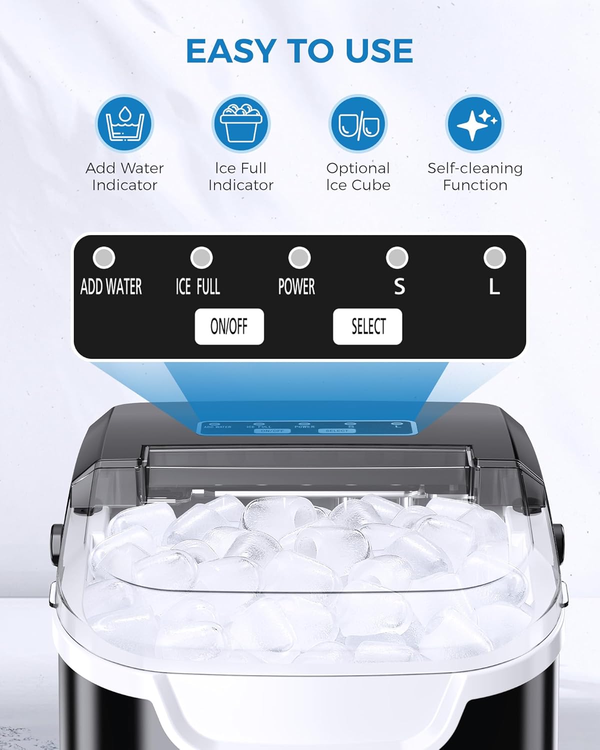 Ice Maker Countertop, Portable Ice Machine with Self-Cleaning, 26.5 Lbs/24Hrs, 8 Ice Cubes in 6 Mins, Ice Basket and Scoop, Ideal for Home, Kitchen, Bar, Camping