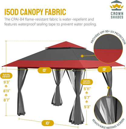 13X13 Pop up Gazebo, Canopy Tent, Gazebos on Clearance - Outdoor Gazebo for Backyard & Patio Furniture - Carpa Pop up Tent with Wheeled Sto-N-Go Cover Bag (Red & Grey)