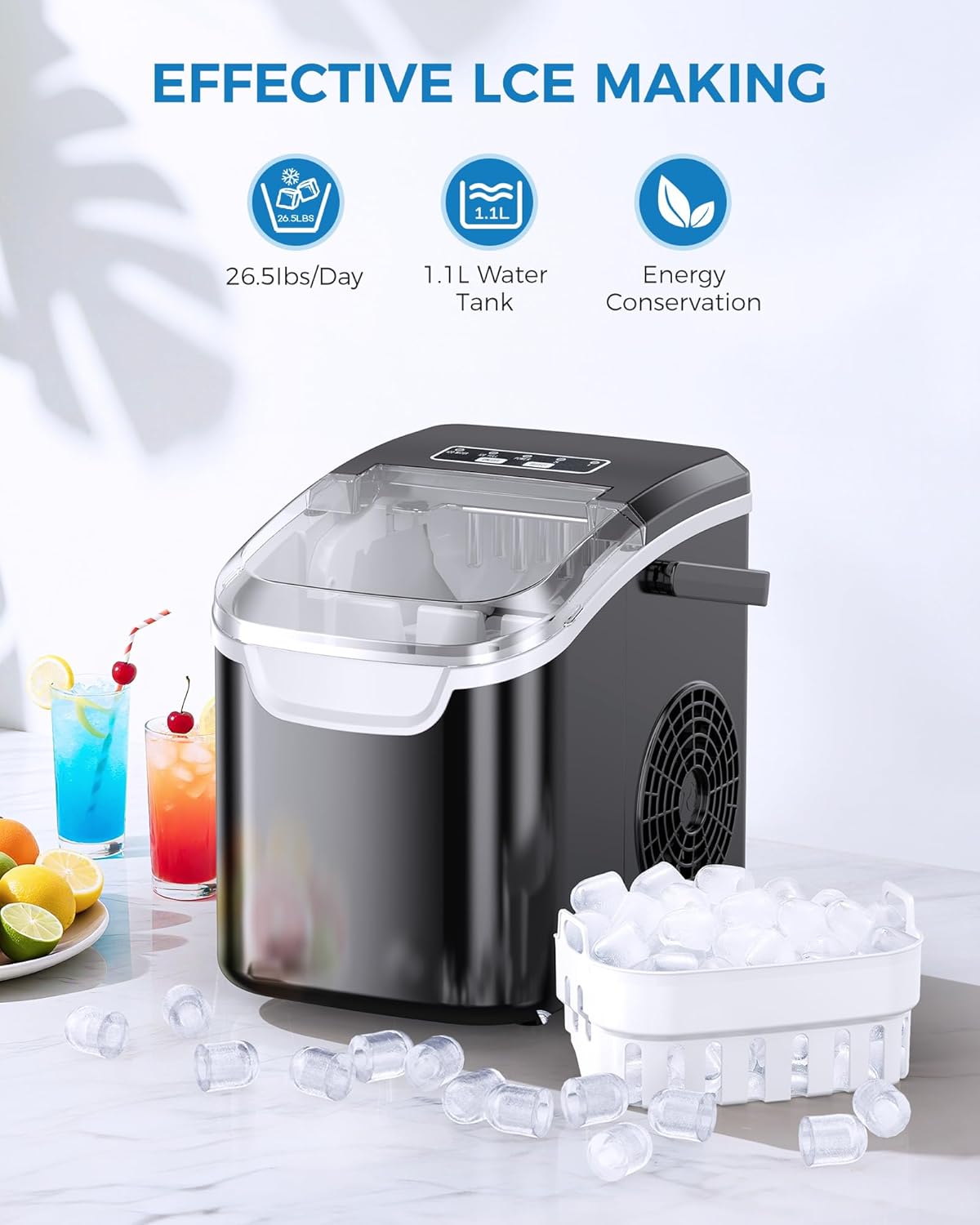 Ice Maker Countertop, Portable Ice Machine with Self-Cleaning, 26.5 Lbs/24Hrs, 8 Ice Cubes in 6 Mins, Ice Basket and Scoop, Ideal for Home, Kitchen, Bar, Camping