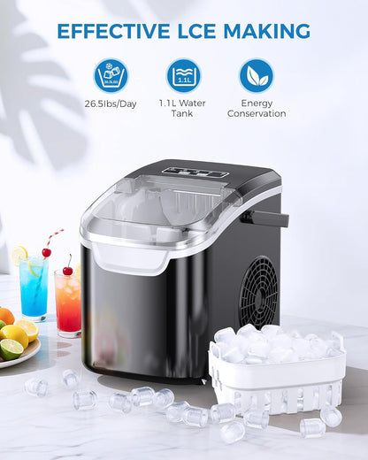 Ice Maker Countertop, Portable Ice Machine with Self-Cleaning, 26.5 Lbs/24Hrs, 8 Ice Cubes in 6 Mins, Ice Basket and Scoop, Ideal for Home, Kitchen, Bar, Camping