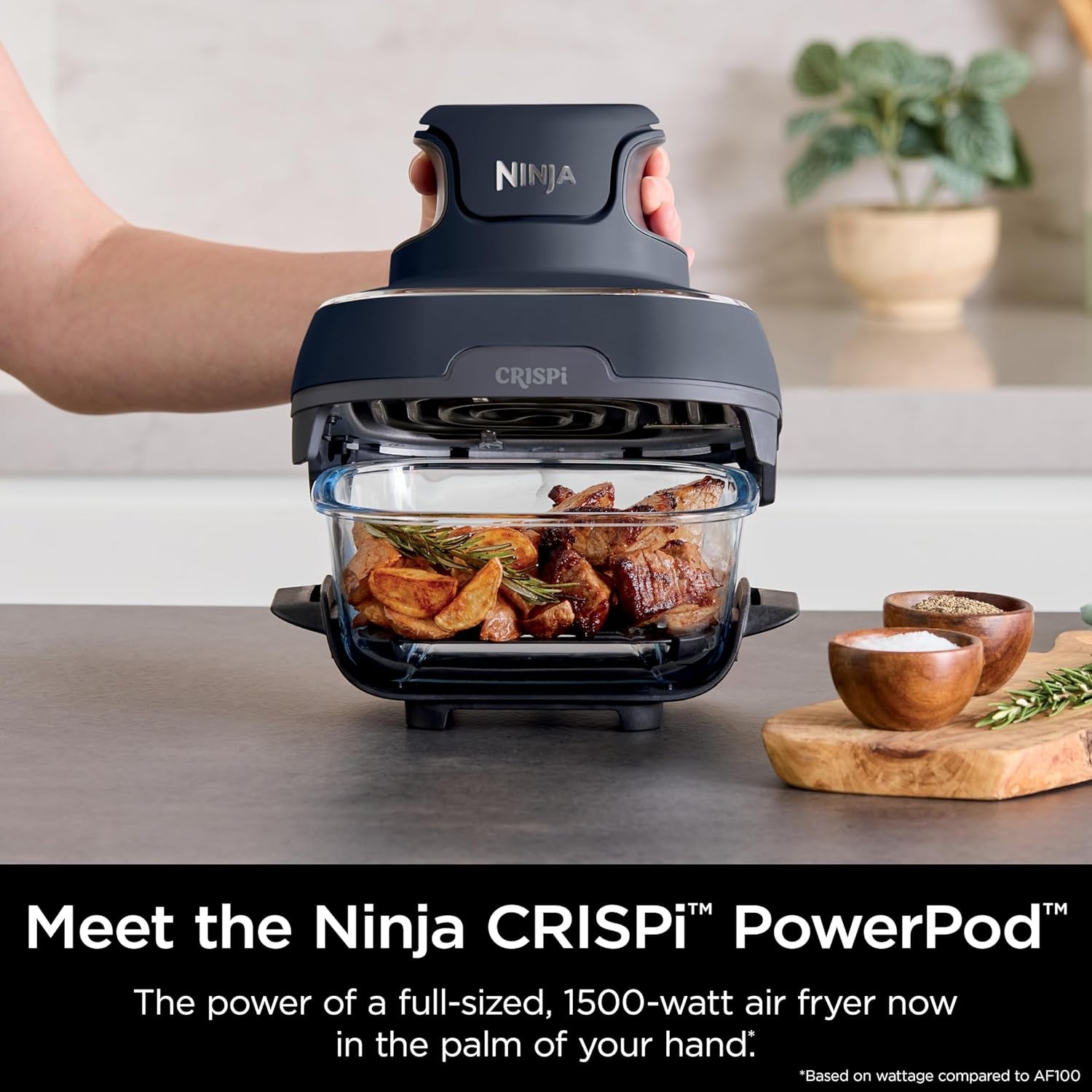 Crispi 4-In-1 Portable Glass Air Fryer Cooking System, 1500W, 4QT & 6-Cup Tempware Glass Containers with Storage Lids, Microwave, Freezer & Dishwasher Safe, Cyberspace Gray, FN101GY