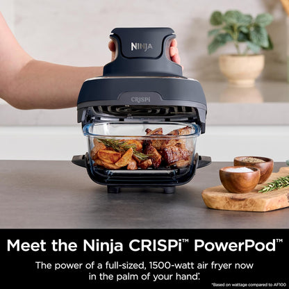 Crispi 4-In-1 Portable Glass Air Fryer Cooking System, 1500W, 4QT & 6-Cup Tempware Glass Containers with Storage Lids, Microwave, Freezer & Dishwasher Safe, Cyberspace Gray, FN101GY