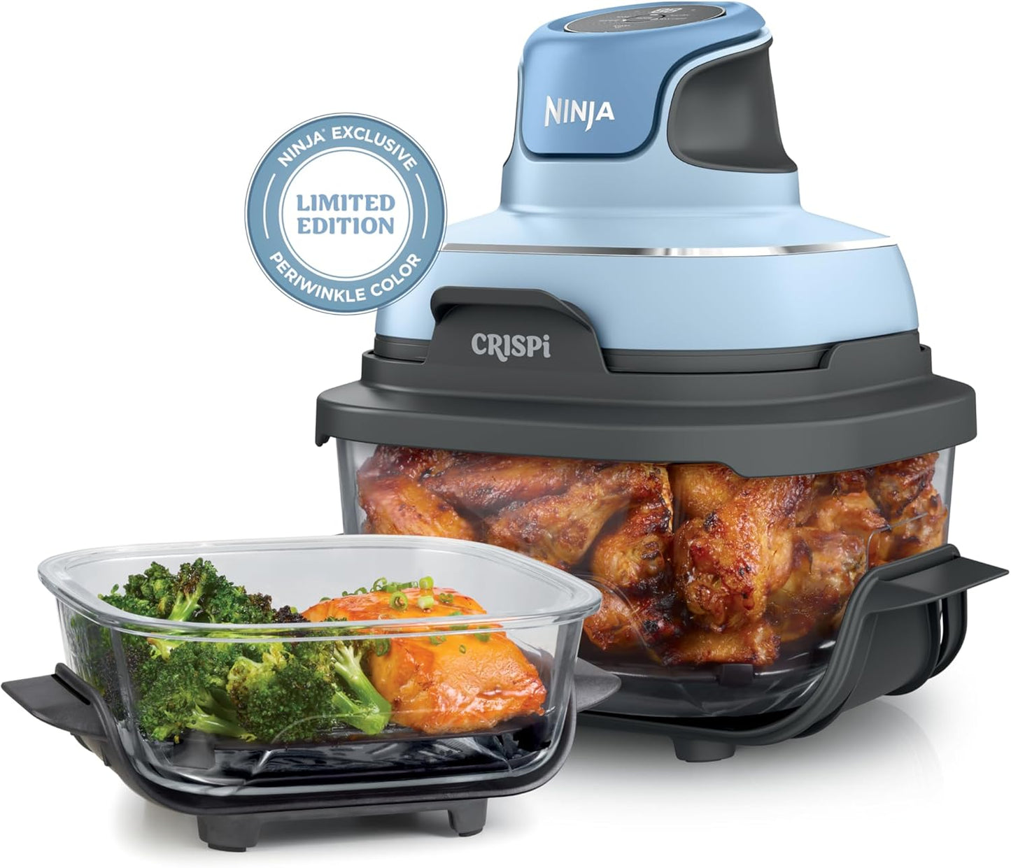 Crispi 4-In-1 Portable Glass Air Fryer Cooking System, 4QT & 6Cup Glass Containers with Storage Lids, Easy Meals, Microwave, Freezer & Dishwasher Safe, Air Fry, Bake, & More, Periwinkle, FN101PL