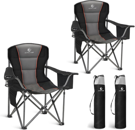 Folding Camping Chair Oversized Heavy Duty Padded Outdoor Chair with Cup Holder Storage and Cooler Bag, 450 LBS Weight Capacity, Thicken 600D Oxford,2 Pack
