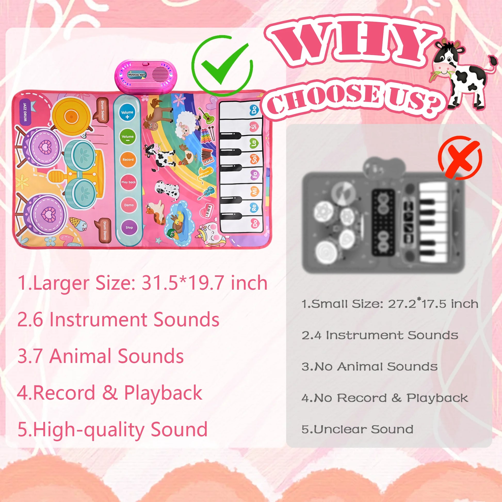 3 in 1 Musical Toys Baby Toys for 1 Year Girls Boys, 12 Month Toy Gift Toddler Piano Drum Mat with 2 Sticks