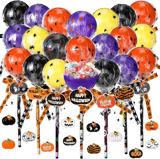 96 Pcs Halloween Trick or Treat Container Party Supplies Halloween Pencil Giant Lollipop Shape Stationery Candy Fillable Hold Plastic Lollipop Storage with Pencil for Classroom Gifts