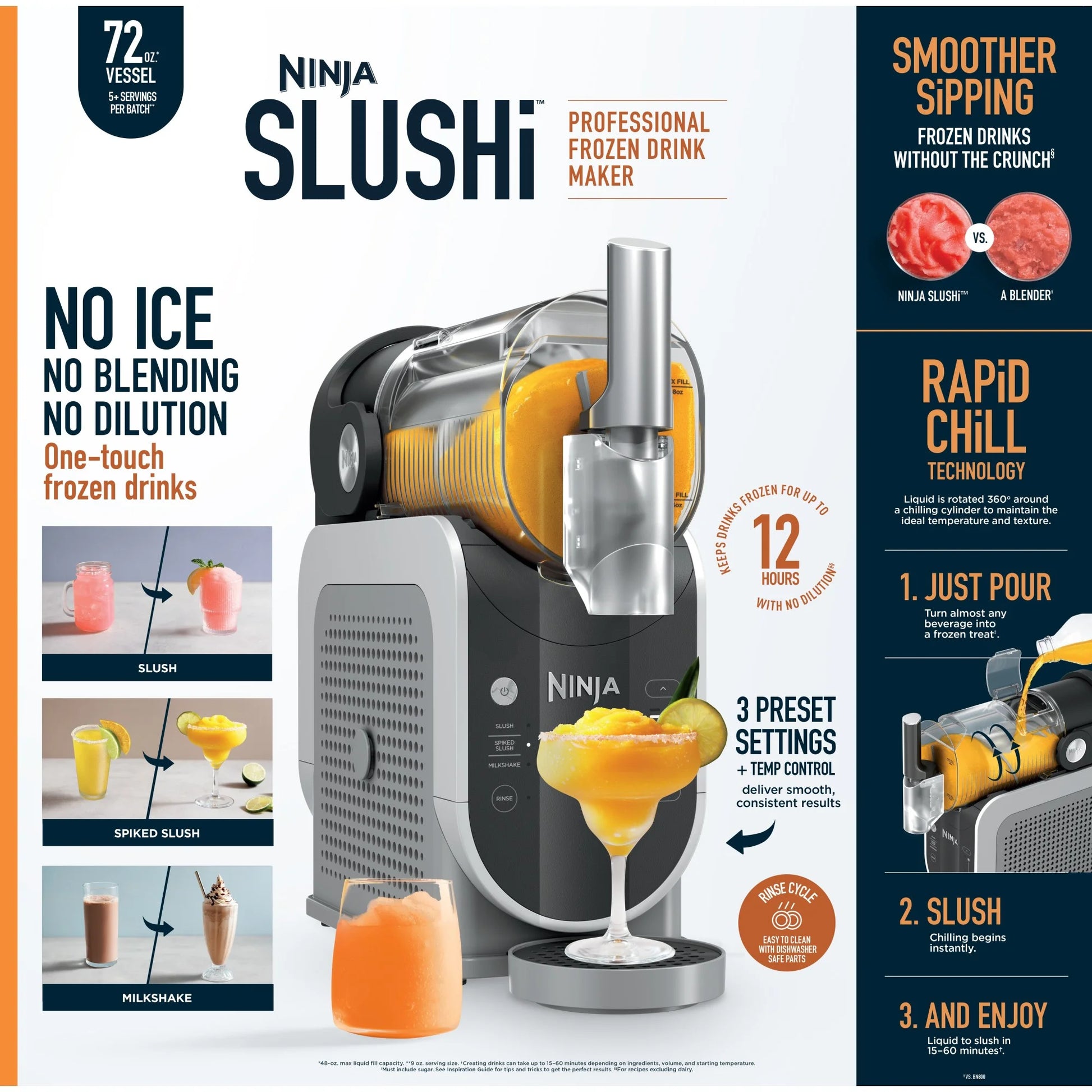 Slushi with Rapidchill Technology, 72 Oz. Frozen Drink & Slushie Machine, 3 Presets, Margaritas, Frappes, Dishwasher Safe, Black, FS300
