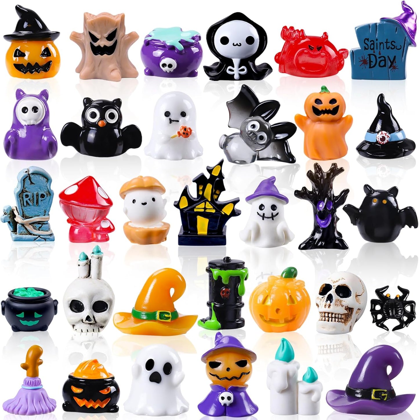 32PCS Halloween Luminous Mini Figures - 32 Styles Glow in the Dark Tiny Resin Miniatures - Pumpkin Skull for Party Favors, Bag Fillers, Garden, Dollhouse Decor
