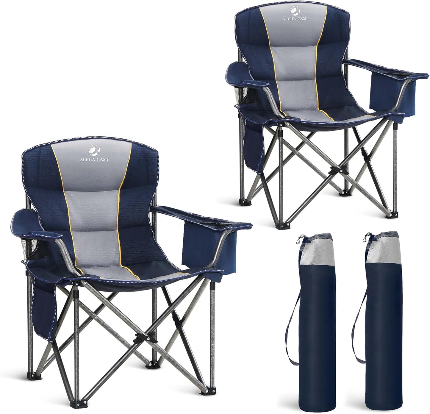 Folding Camping Chair Oversized Heavy Duty Padded Outdoor Chair with Cup Holder Storage and Cooler Bag, 450 LBS Weight Capacity, Thicken 600D Oxford,2 Pack