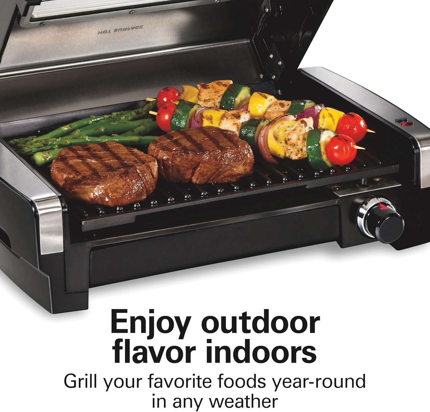 Electric Indoor Searing Grill with Viewing Window & Adjustable Temperature Control to 450F, 118 Sq. In. Surface Serves 6, Pfas-Free Removable Nonstick Grate, Stainless Steel