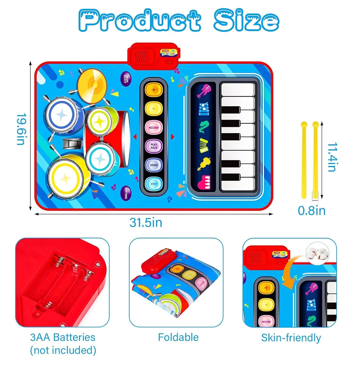Upgraded Baby Toys for 1 Year Old Boys Girls, 2 in 1 Musical Toys Toddler Piano & Drum Mat with 2 Sticks, Learning Floor Blanket Gifts for 1 2 3 4 Year Boy Girl for Birthday Christmas