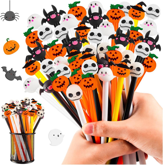 60 Pcs Halloween Pens, Pumpkin Skull Heads Ghost Bat Shape Pens, 0.5 MM Bulk Black Rollerball Pen for Halloween Thanksgiving Party Supplies School Office
