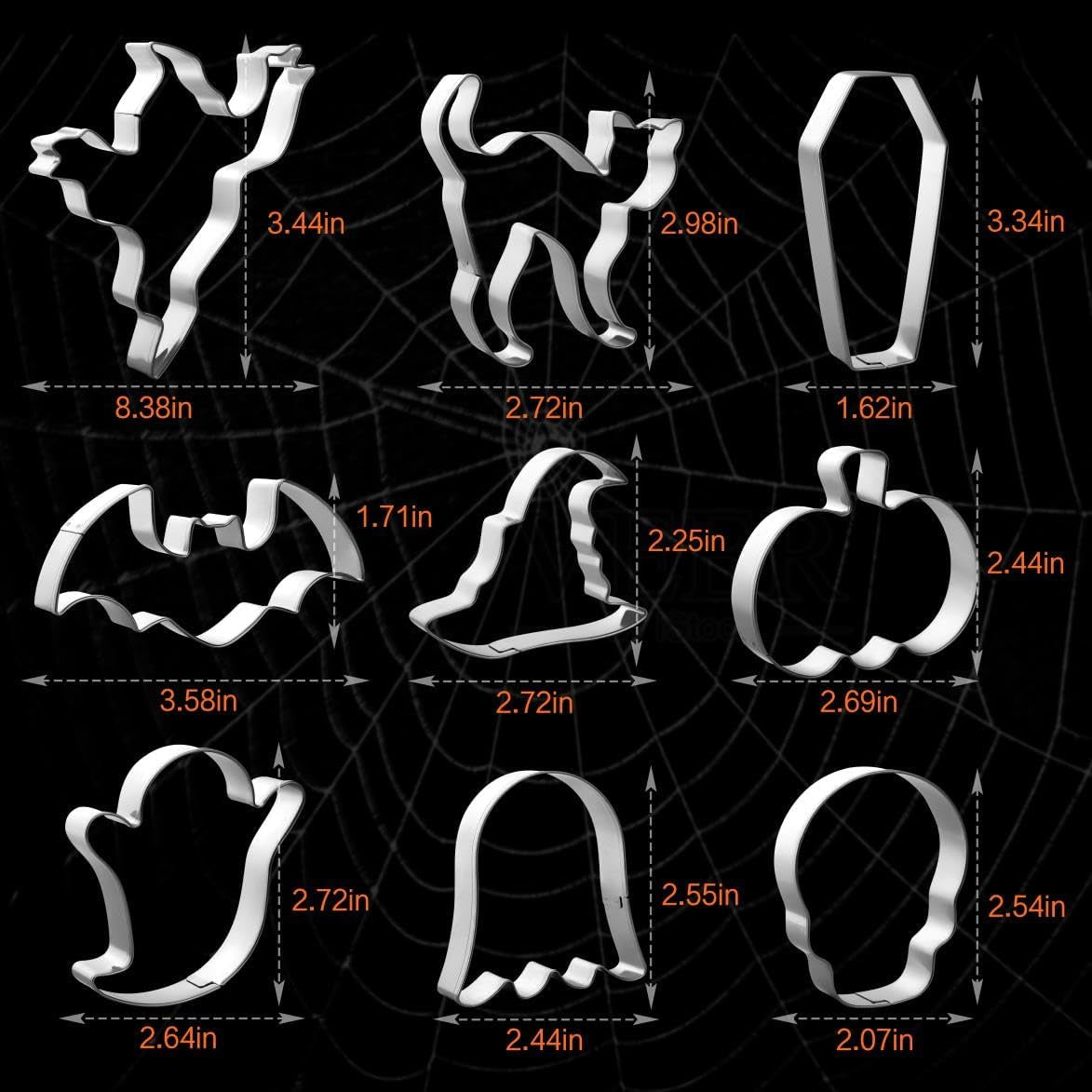 Halloween Cookie Cutters Set,9 Piece Stainless Steel Metal Halloween Cookie Cutters Shapes - Pumpkin, Ghosts, Bat, Black Cat, Witch'S Hat, Skull, Coffin, 1, Silver