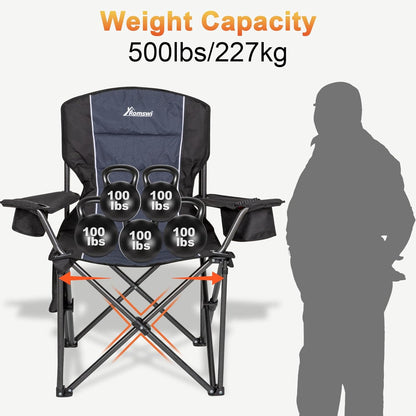 Oversized Camping Chairs,Heavy Duty Support 500 Lbs,Padded Back & Arm Sport Chairs, Cup Holder Cooler Bag, Collapsible Folding Chairs for Outdoor, Fishing & Garden, Black,2-Pack