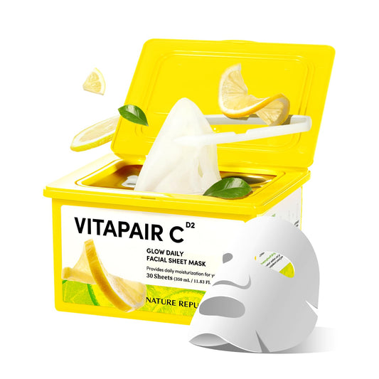 Vitapair C Glow Face Mask (30 Vegan Sheets) Niacinamide & Centella Asiatica Extract Bulk Facial Spa Mask for Moisturizing & Hydrating Glow, Korean Beauty Skin Care for All Skin Types