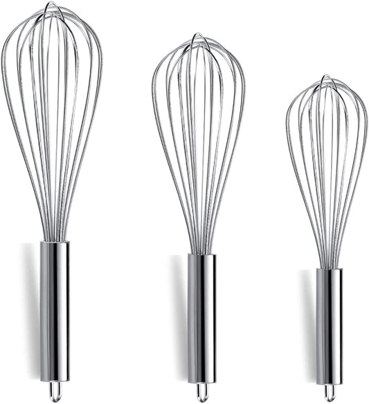 Whisk Set Pack of 3, Stainless Steel Whisks for Cooking 8",10",12", Wire Ballon Wisk (Silver)