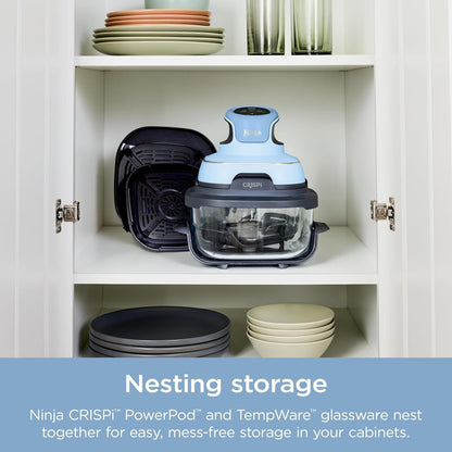 Crispi 4-In-1 Portable Glass Air Fryer Cooking System, 4QT & 6Cup Glass Containers with Storage Lids, Easy Meals, Microwave, Freezer & Dishwasher Safe, Air Fry, Bake, & More, Periwinkle, FN101PL