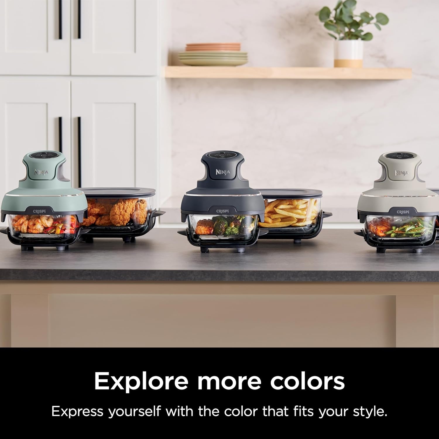 Crispi 4-In-1 Portable Glass Air Fryer Cooking System, 1500W, 4QT & 6-Cup Tempware Glass Containers with Storage Lids, Microwave, Freezer & Dishwasher Safe, Cyberspace Gray, FN101GY