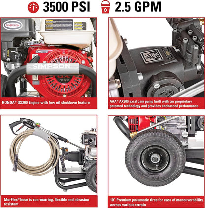 61014 3500 PSI at 2.5 GPM Honda GX200 with AAA AX300 Axial Cam Pump Cold Water Professional Gas Pressure Washer PS61002-S