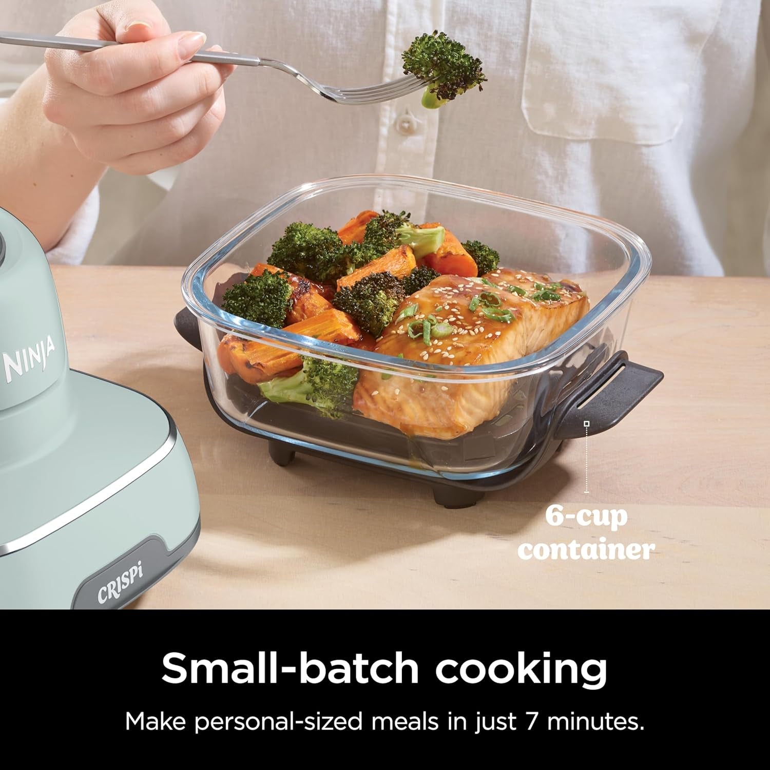 Crispi Air Fryer, Microwave, Freezer & Dishwasher Safe, Non Toxic Glass Portable Cooking System, 4 QT & 6 Cup Glass Containers with Storage Lids, Easy Meals, Air Fry, Bake, Green, FN101SG