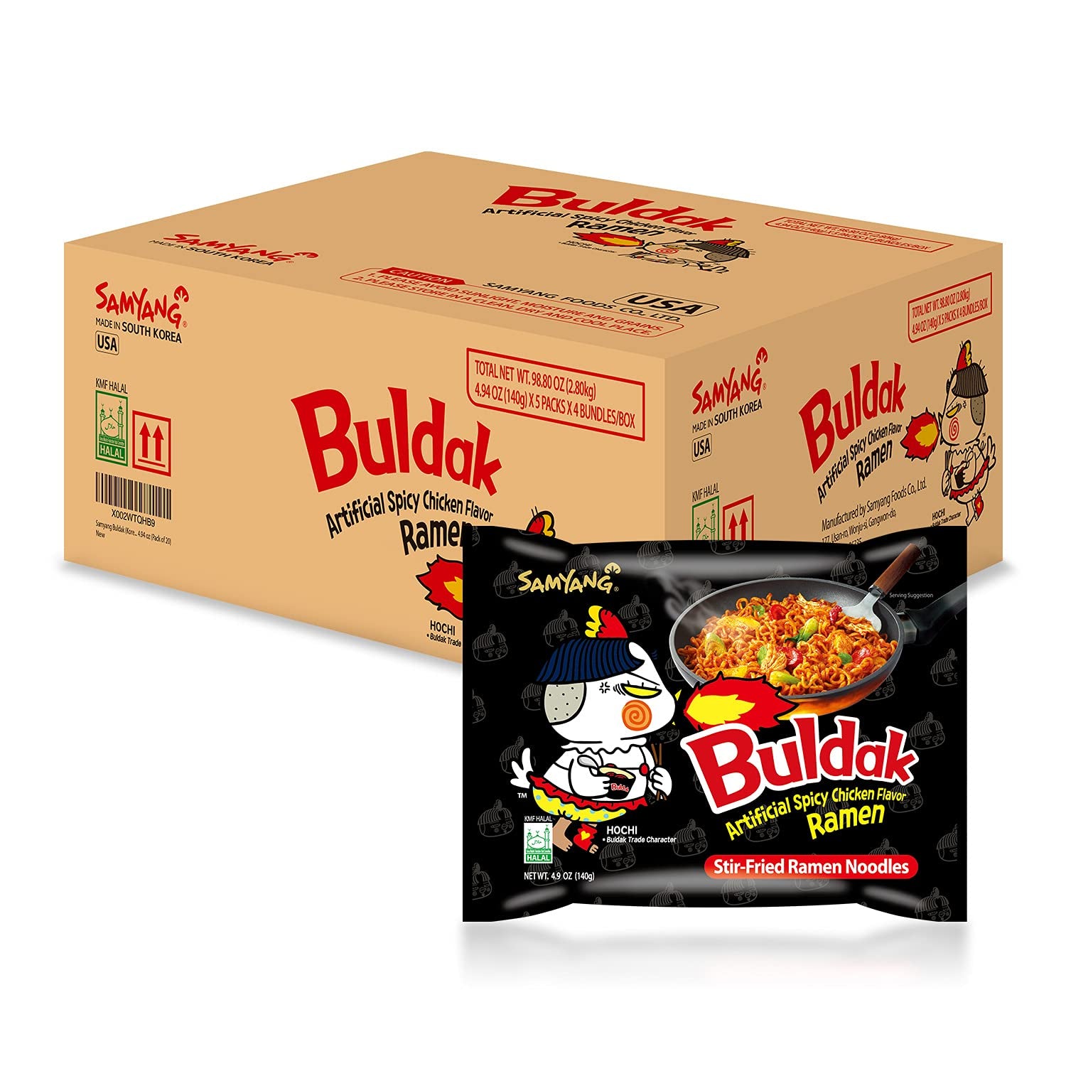 Buldak (Korean) Hot Spicy Chicken Stir Fried Ramen (Noodles) 4.94 Oz (Pack of 20)