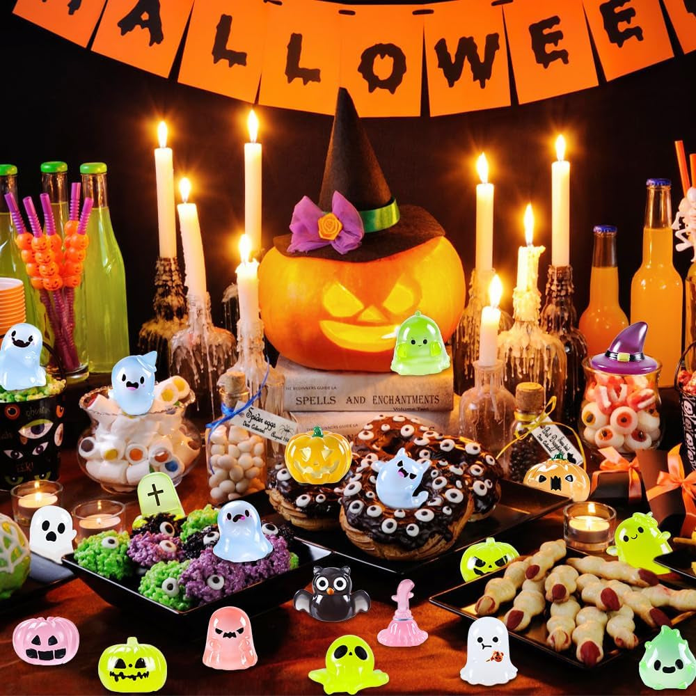 32PCS Halloween Luminous Mini Figures - 32 Styles Glow in the Dark Tiny Resin Miniatures - Pumpkin Skull for Party Favors, Bag Fillers, Garden, Dollhouse Decor