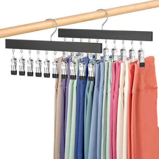 Legging Organizer for Closet 2 Pack, Pants Hangers with Clips Holds 20 Leggings, Multi Hangers Space Saving Storage Bedroom Organization for Jeans, Yoga Pants, Skirts & More, 360° Swivel Hook, Black