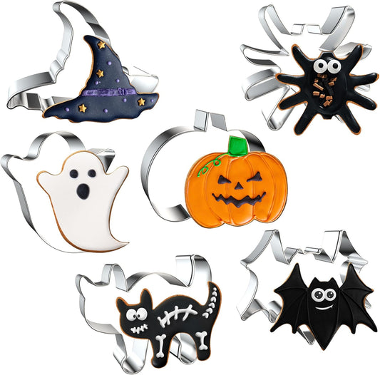 Halloween Cookie Cutters, 6 Pcs Holiday Cookie Cutters Halloween Shapes - Spider, Pumpkin, Bat, Cat, Ghost, Witch Hat for Cookie Baking
