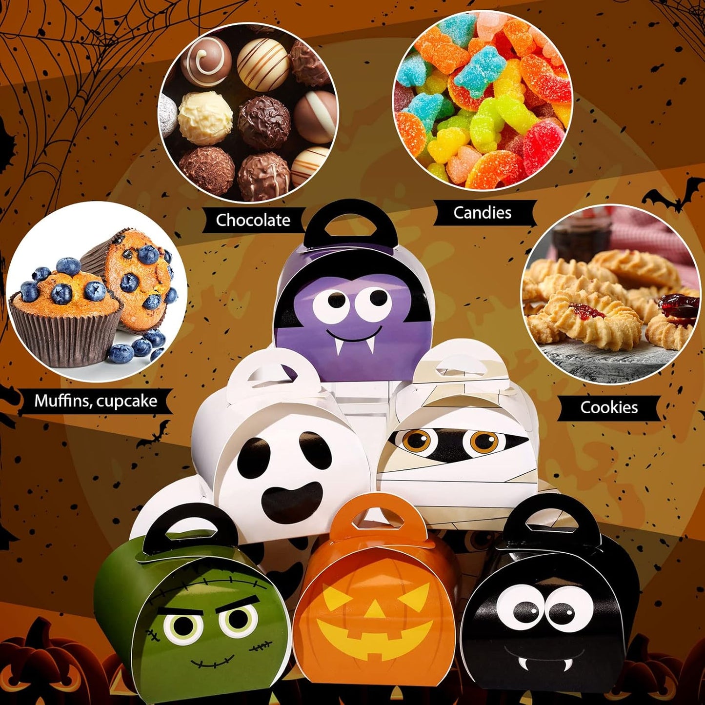 36 Pieces Halloween Boxes Halloween Goodie Boxes Candy Boxes with Handle Candy Container Horror Party Favor Box for Party Treat Favors Decoration, 6 Patterns