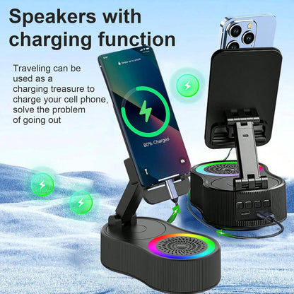 Wireless Induction Bluetooth Speaker 5-in-1 Phone Holder – 2025 Rechargeable Foldable Speaker with Ambient Light