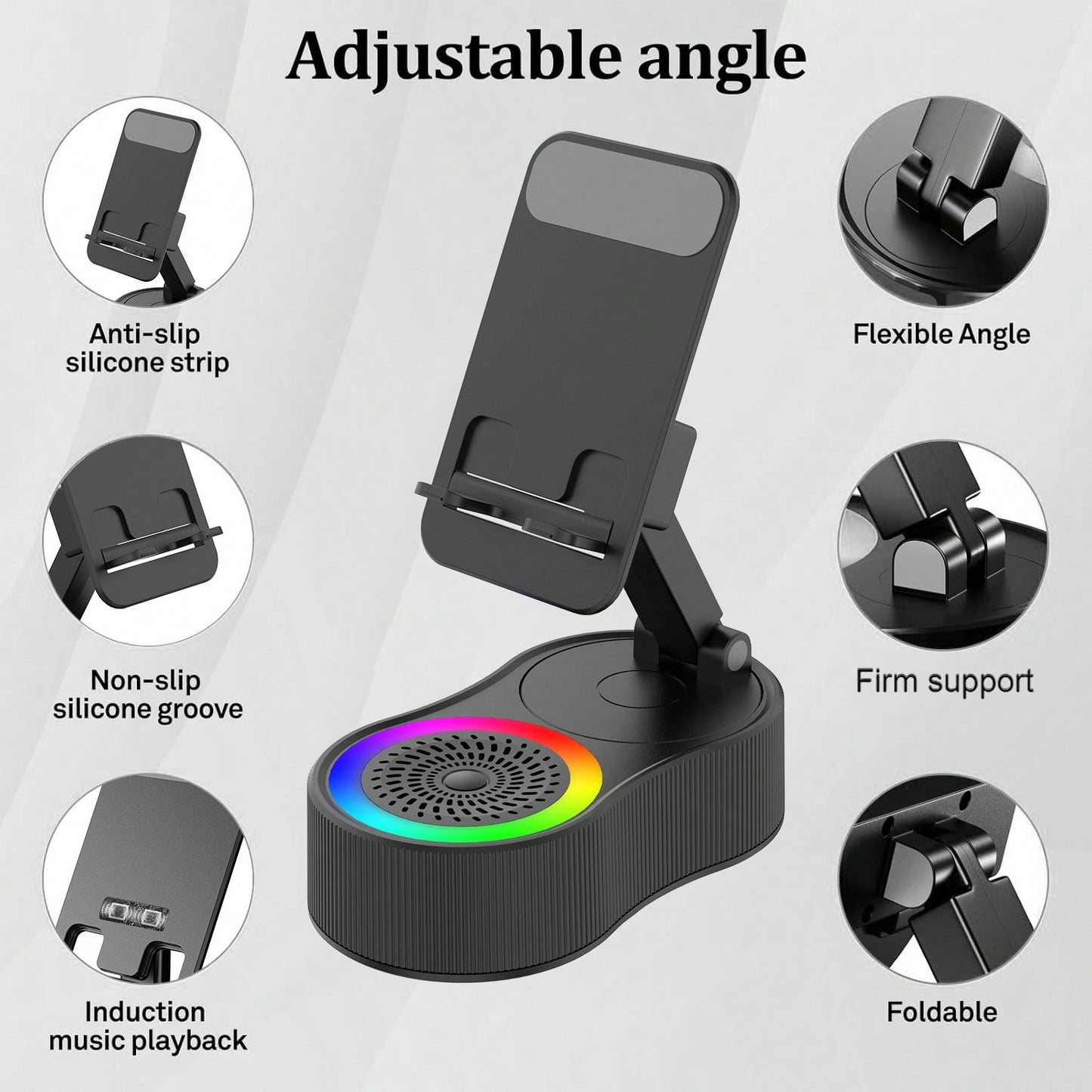 Wireless Induction Bluetooth Speaker 5-in-1 Phone Holder – 2025 Rechargeable Foldable Speaker with Ambient Light