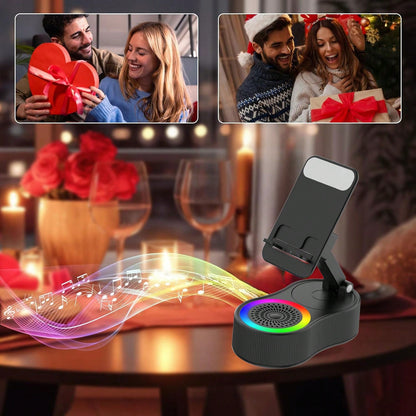 Wireless Induction Bluetooth Speaker 5-in-1 Phone Holder – 2025 Rechargeable Foldable Speaker with Ambient Light
