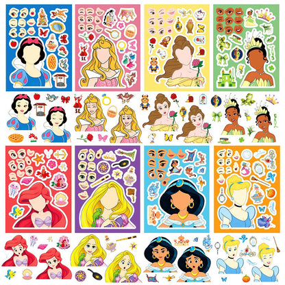 16 Sheets Cute Princess Puzzle Stickers – Kawaii DIY Make a Face Jigsaw Sticker Set