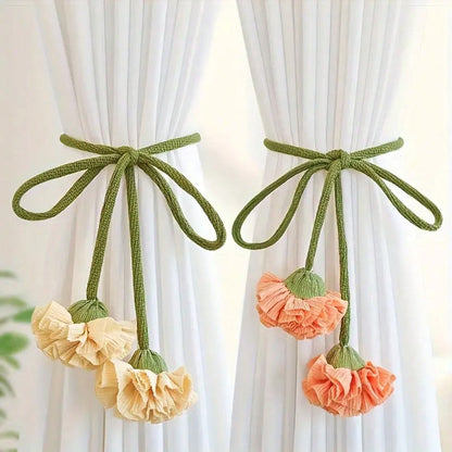 🌸 2-Piece Floral Curtain Tiebacks – Elegant Decorative Curtain Holdback Ropes with Green Cords