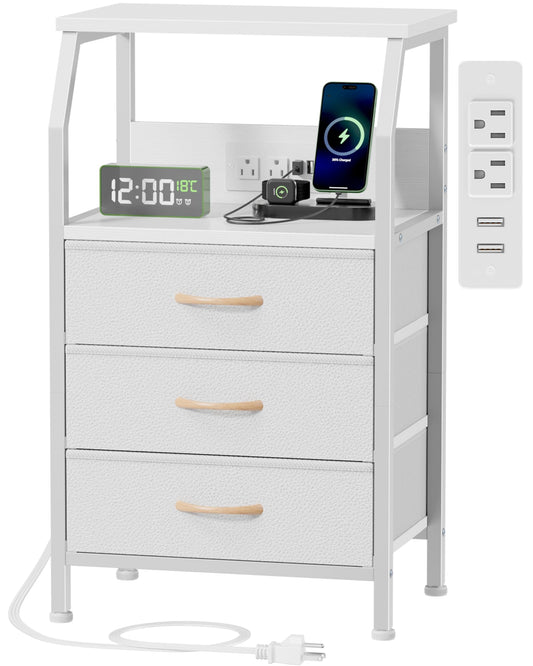 ⚡ White Nightstand with Charging Station – 3-Drawer Bedside Table with Power Outlets & Fabric Storage