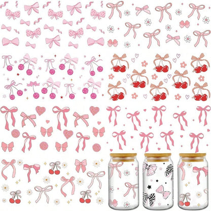 🎀 CZ Coquette Bows UV DTF Stickers – Cherry Pink Cup Wraps for 16oz Tumblers (8 Sheets)