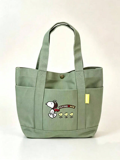 Snoopy Pilot Embroidered Canvas Tote Bag – Large Capacity Multi-Pocket Shoulder Handbag